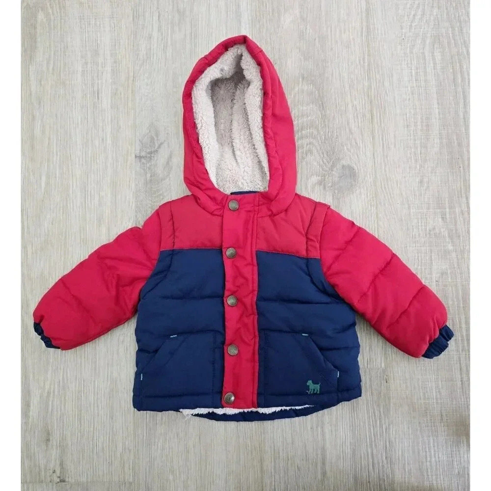 Baby Mini Boden Hooded Navy Red Convertible Coat Jacket Vest Sherpa 3-6 Months
